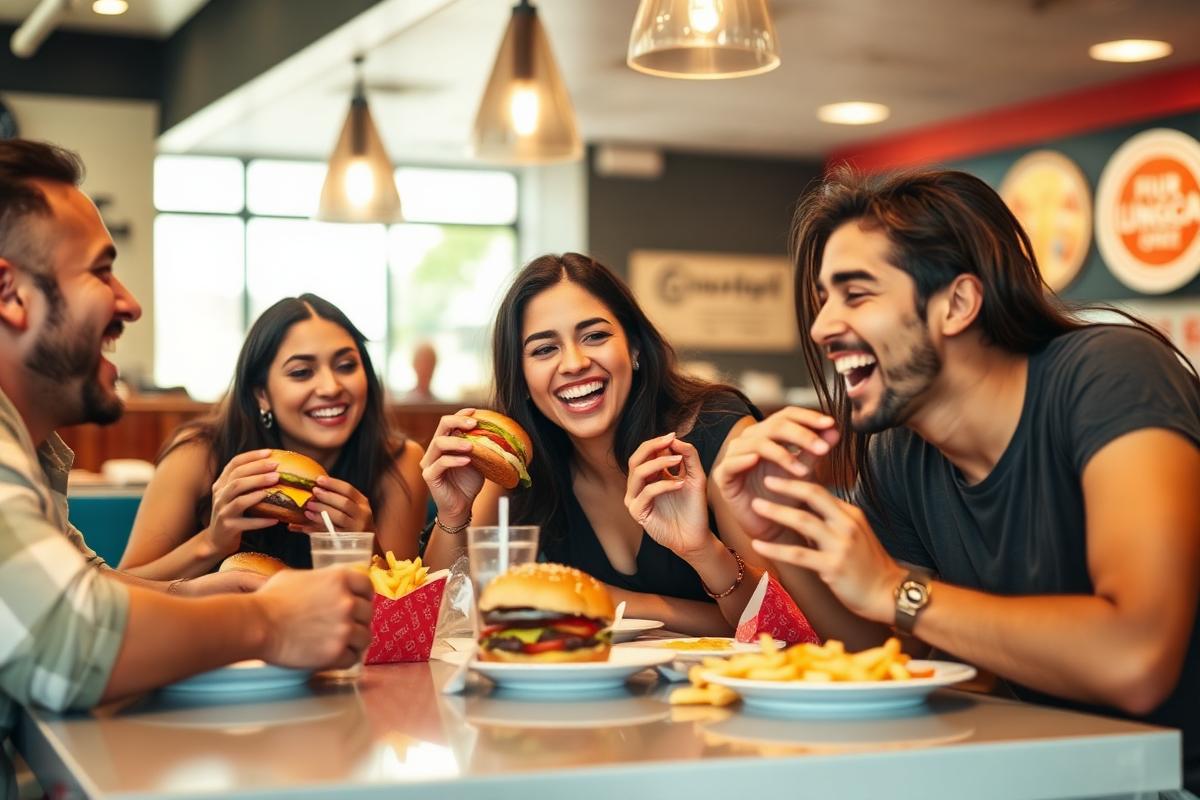 Amigos disfrutando hamburguesas y papas en La Barbacoa del Rey