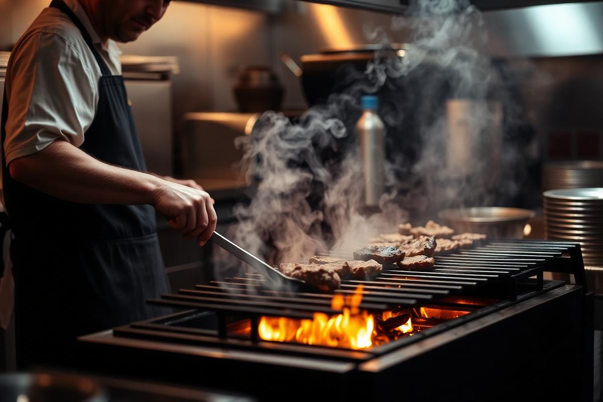 Cocinero asando carne sobre la parrilla de carbón
